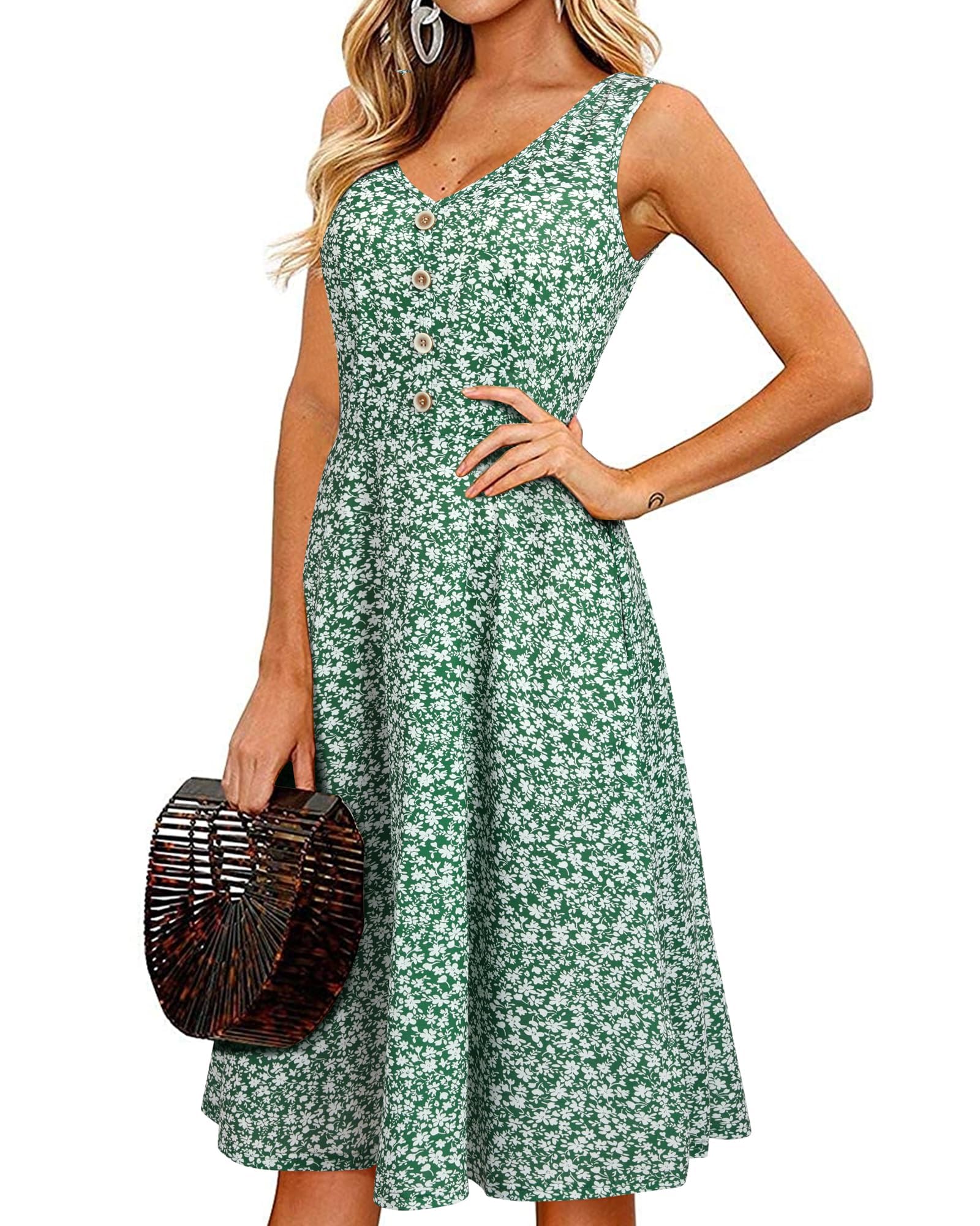 Women's Summer V Neck Sleeveless Casual Button Down Tank Dress Midi Floral Beach Party Sundress with Pockets