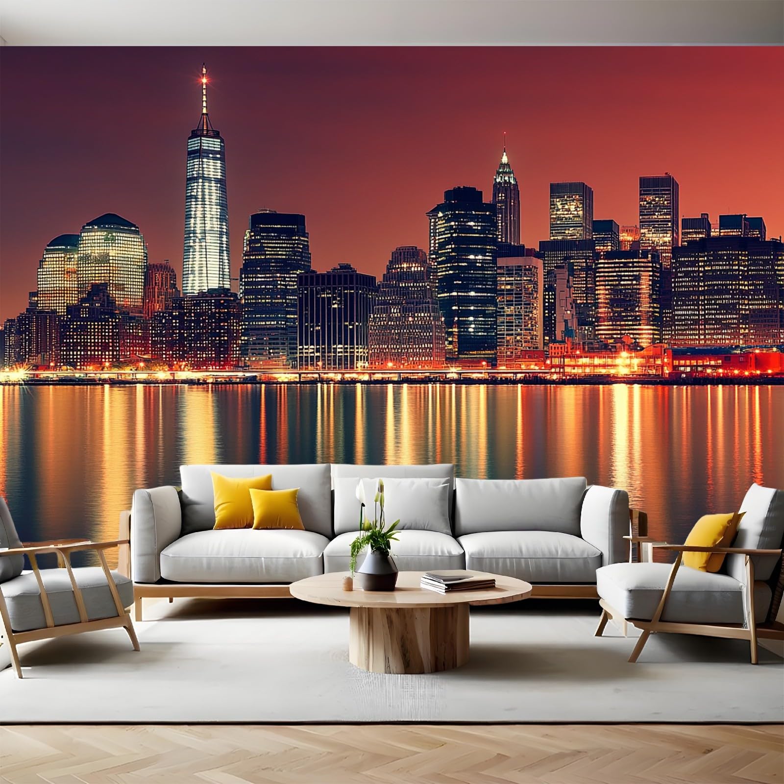 Carta da Parati 3D Moderna Paesaggio urbano di New York Fotomurale vista notturna 300 x 210 cm Decorazione da Muro Poster Gigante Design per Pareti