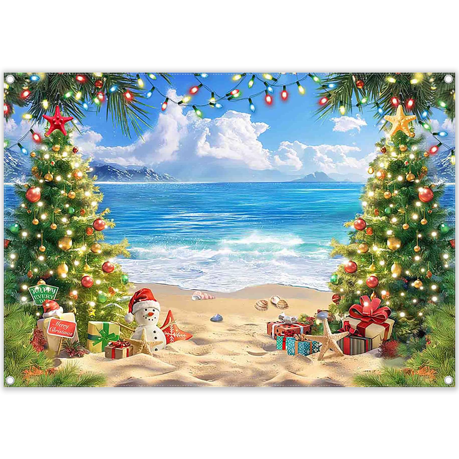 ZTHMOE Fabric 7x5ft Summer Hawaiian Beach Photography Backdrop Santa Christmas Tree Gift Ocean Background Luau Party Decoration Family Holiday Photo