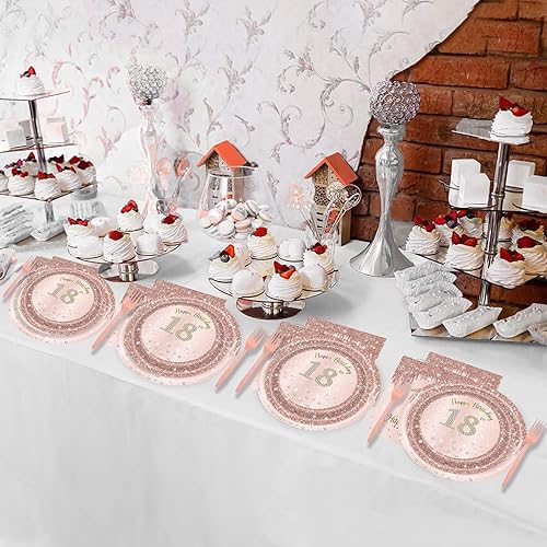Miniatura 7 de 24 juegos de decoración de fiesta de cumpleaños de oro rosa para niñas de 18 años, platos y servilletas para cumpleaños, suministros de fiesta para