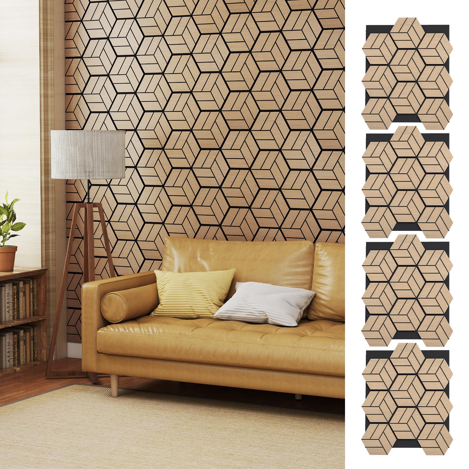 COSTWAY Set di 4 Pannelli Fonoassorbente, Pannelli Acustici per Pareti, 81x 66 cm, 9 Tavoletta Esagonali in Legno, per Riduzione del Rumore, Decorazione Interna, 2,1 m²