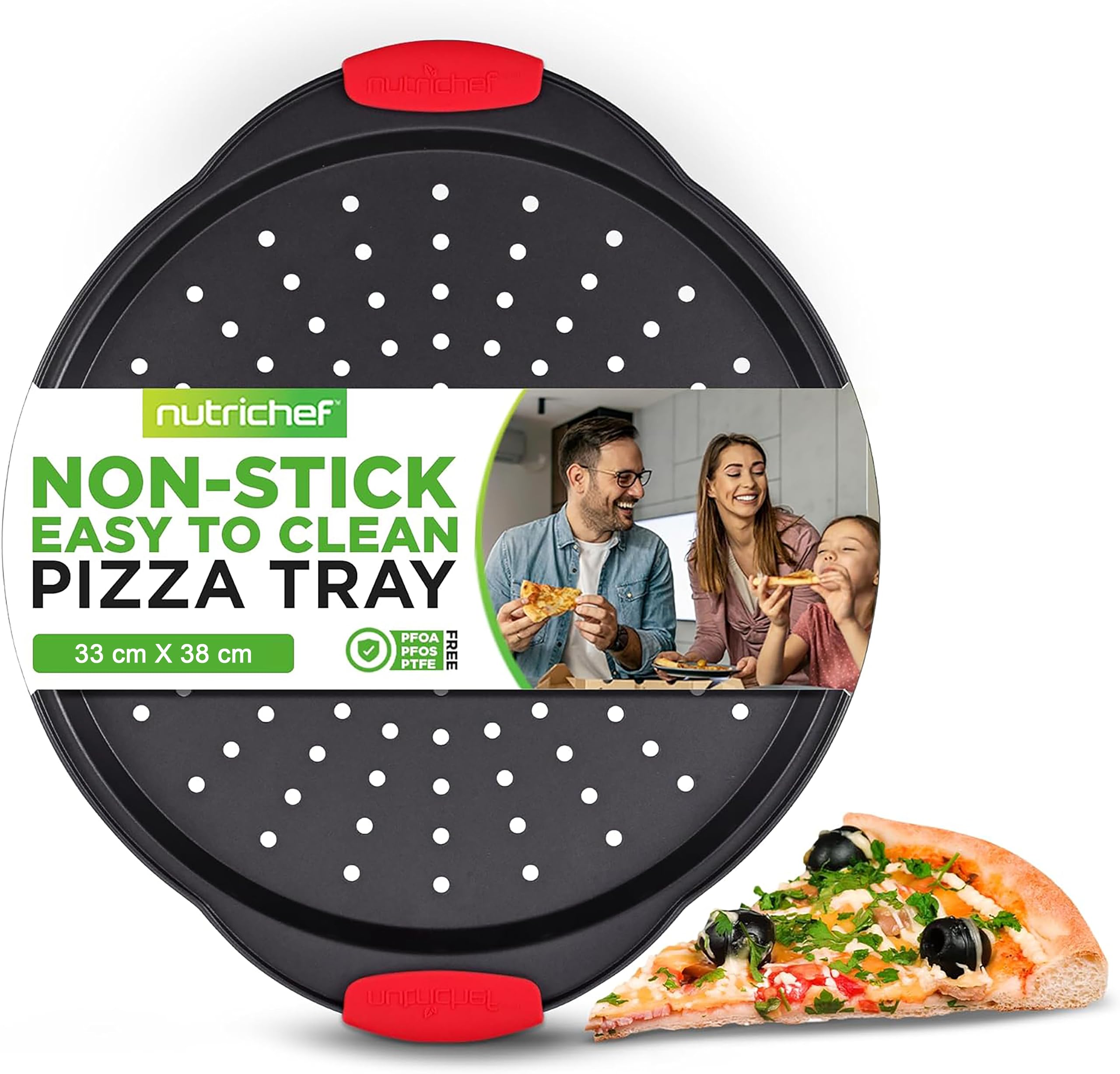 NutriChef Non-Stick Pizza Tray - with Silicone Handle, Round Steel Non-Stick Pan with Perforated Holes, Premium Bakeware, Pizza Tray with Silicone and Oversized Handle, Dishwasher Safe