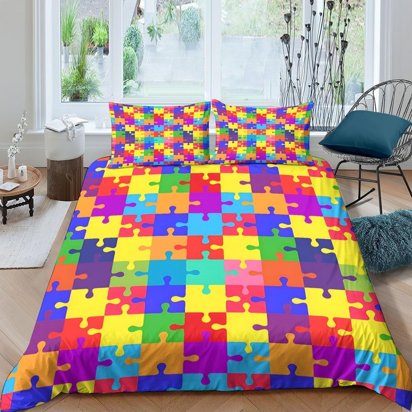 K3v9r6n2a Style-1 3D Printed Puzzle Quilt Cover, Microfiber Duvet Cover Hidden Zipper For