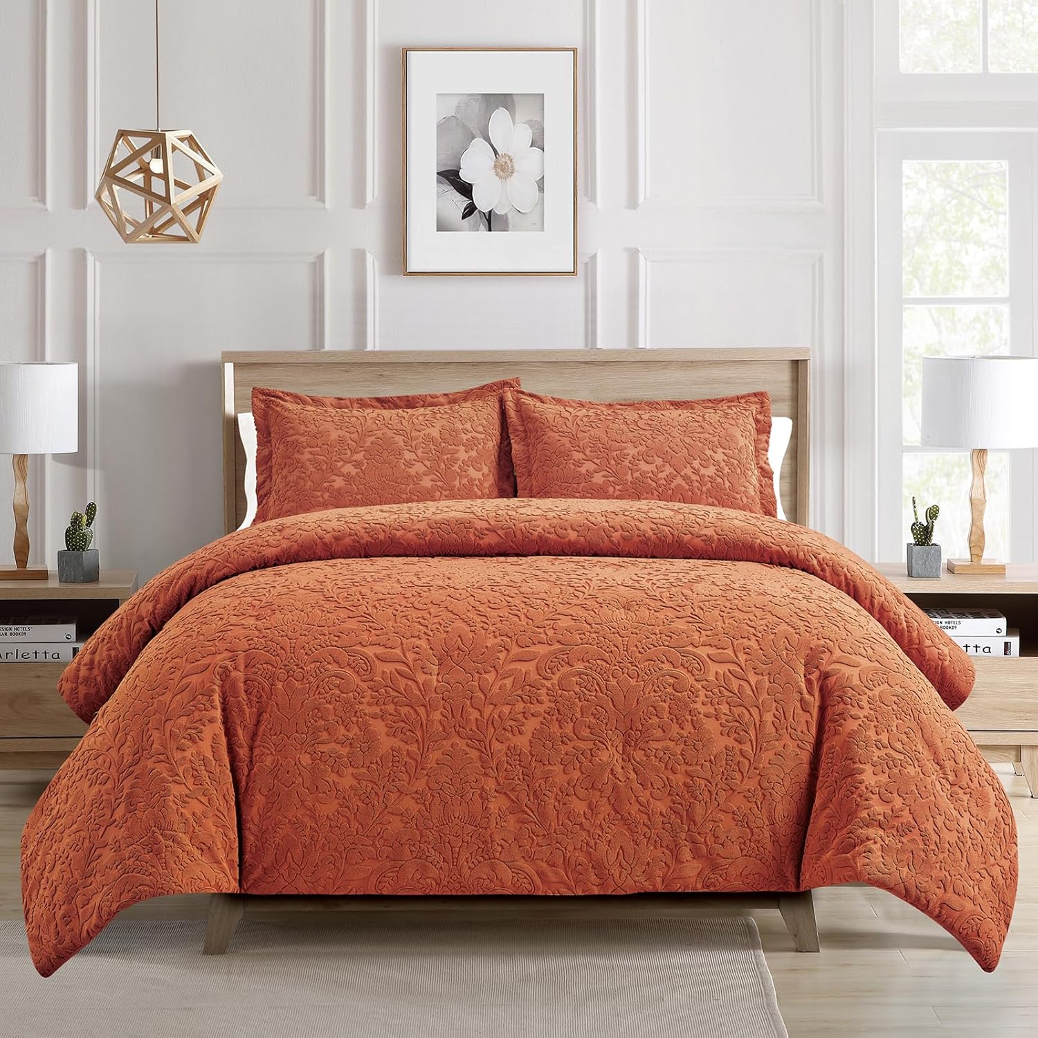 Sunshine Nicole Velvet Jacquard Comforter Set, Velvet Jacquard Face and Brushed Solid Microfiber Reverse, with Light Weight Soft Poly Fill, 3 Pieces Terracotta, Queen