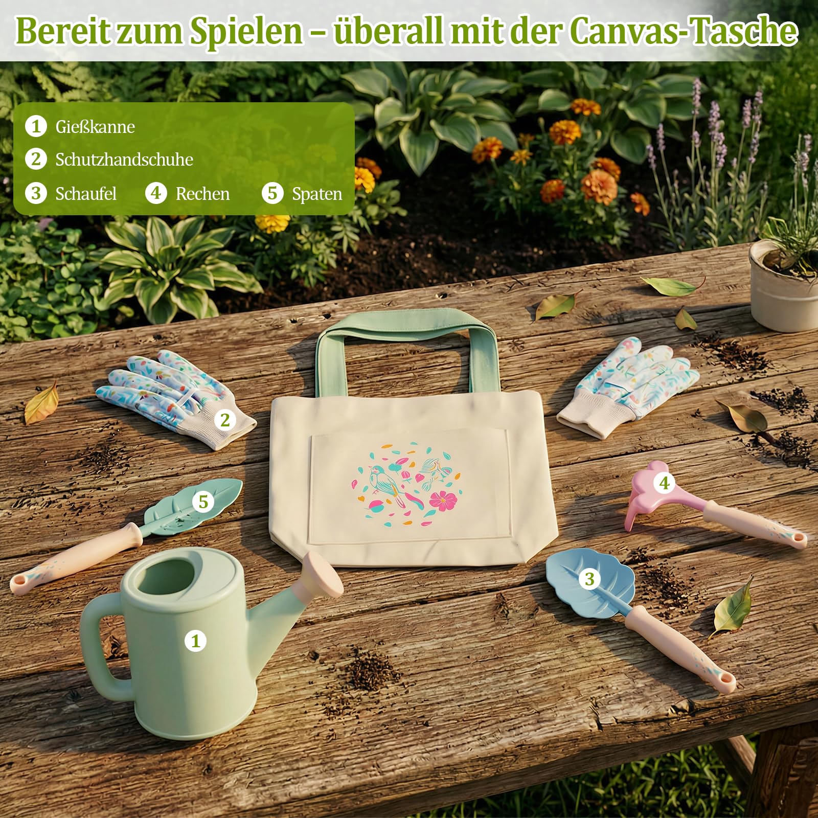 FITNATE Kinder Gartenarbeit Set,6 PCS Gartenwerkzeug Kinder Mit 3 Gartengeräte, Gartenhandschuhe & Aufbewahrungstasche, Out/Indoor Spielzeug Geschenk für Jungen Mädchen