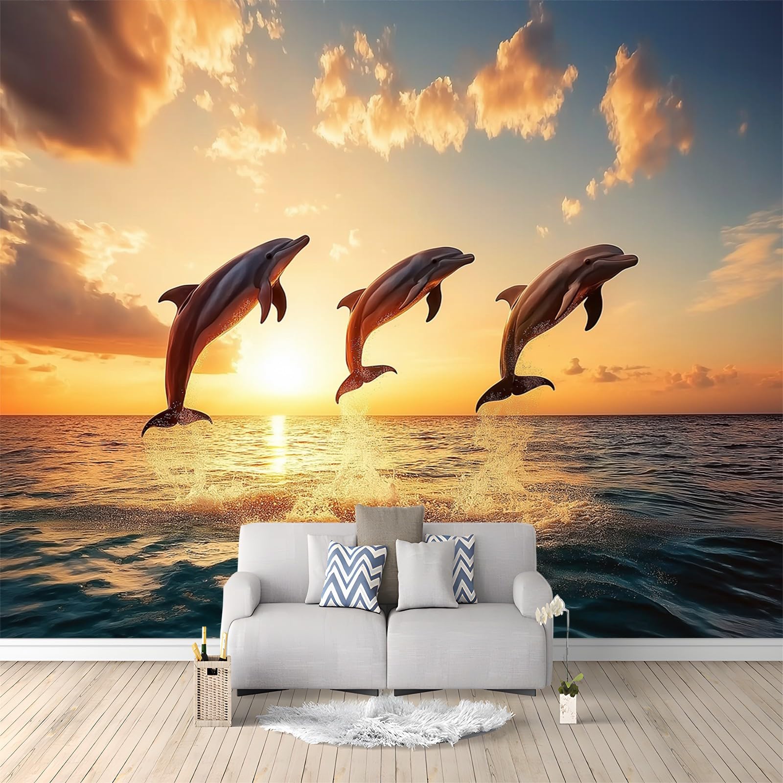 Papier peint coucher de soleil dauphin décoration murale salon