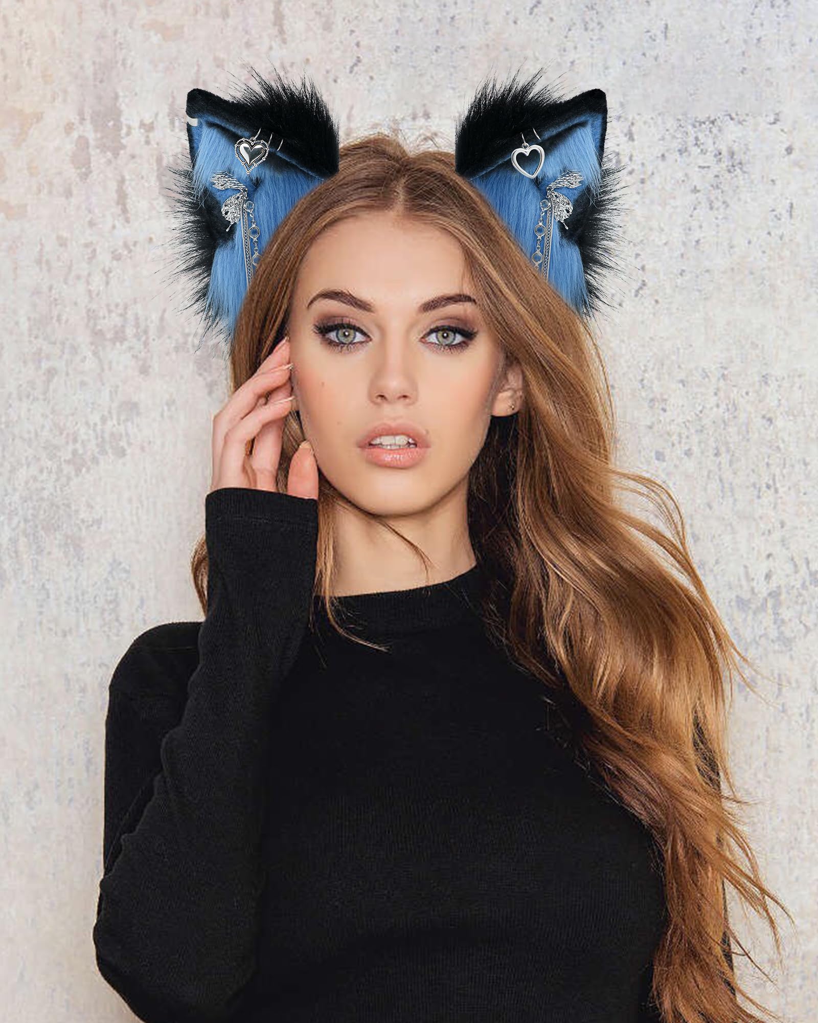 ZFKJERS Handmade Faux Fur Cat Ear Headband with Charms Cosplay Accessory for Halloween (Blue Black) - Image 4