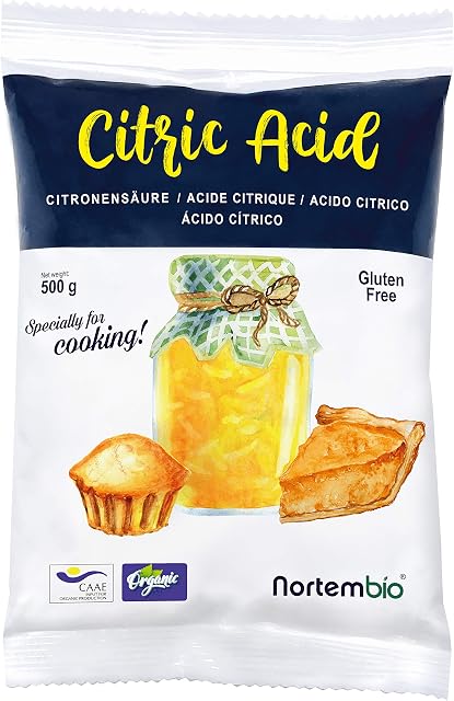 Nortembio Organic Anhydrous Citric Acid 500 g. Food Grade, 100% Pure. Acidulant and Preservative for Cooking and Confectionery. Special for Lemonade and Jams. Recipes E-Book Included.