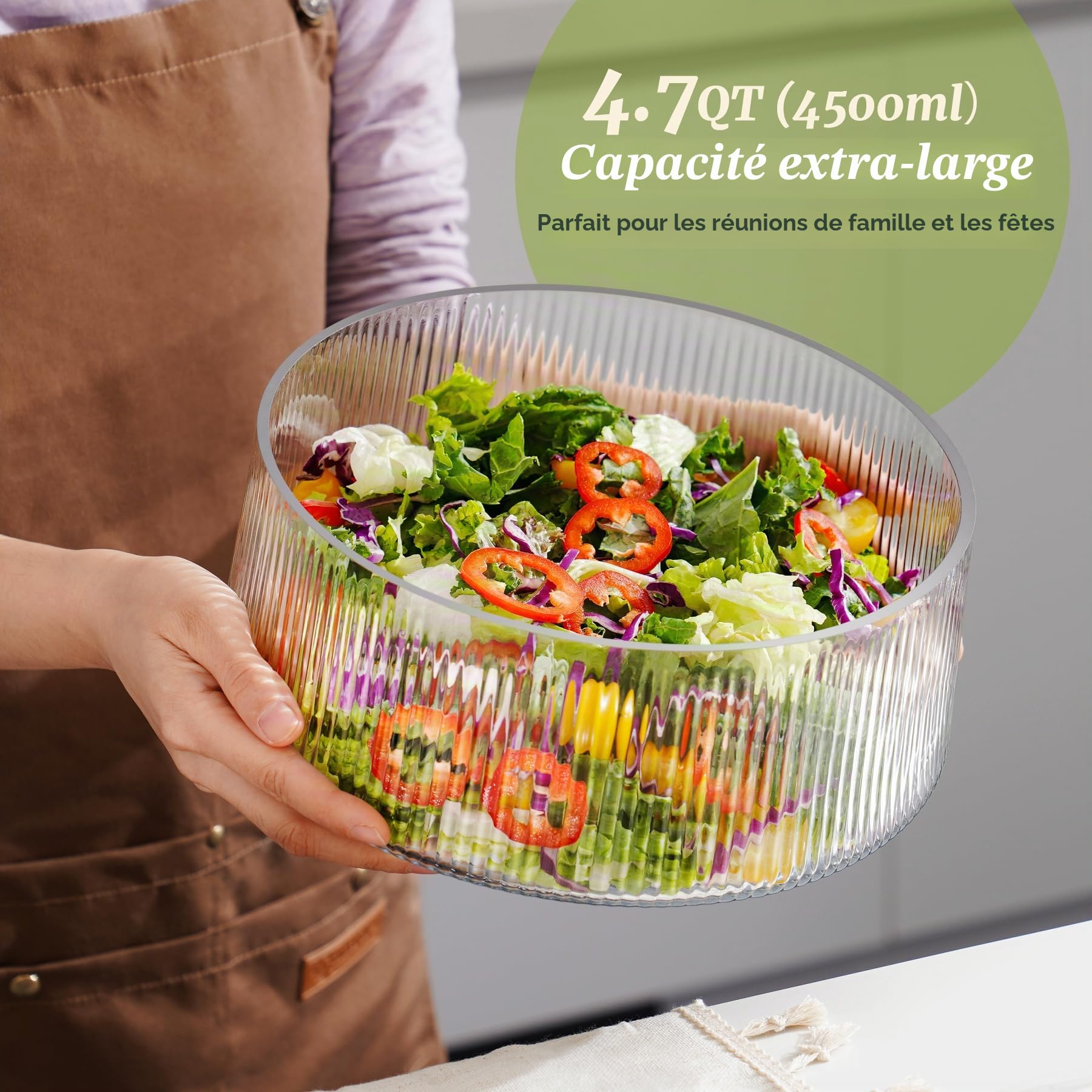 NiHome Saladier extra large en verre avec base en acacia naturel et ustensiles de service en bois pour dîners, fêtes et rassemblements, bol multifonction surdimensionné