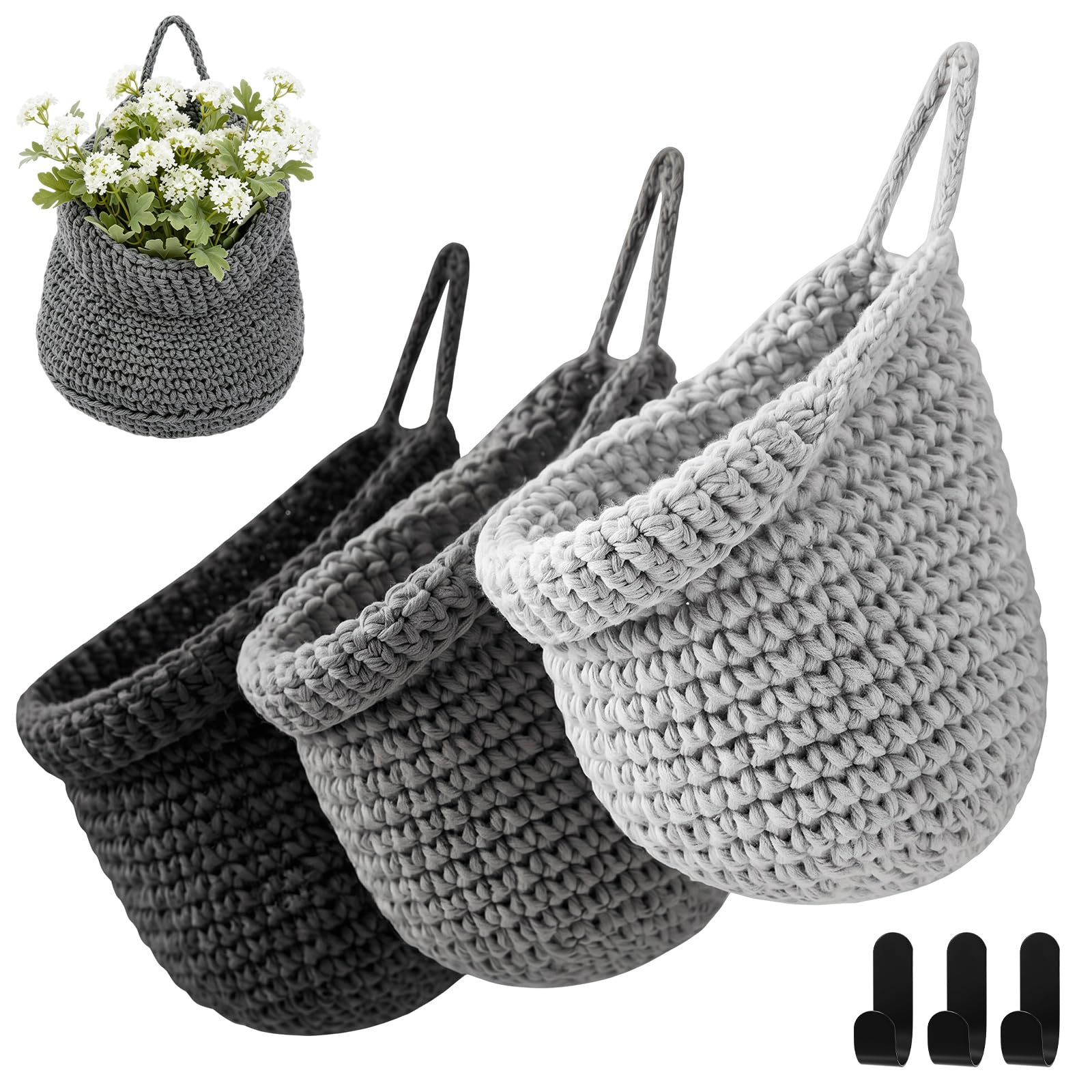 Honeydak 3 Hanging Baskets, Grey Mix, Wide Bucket Basket