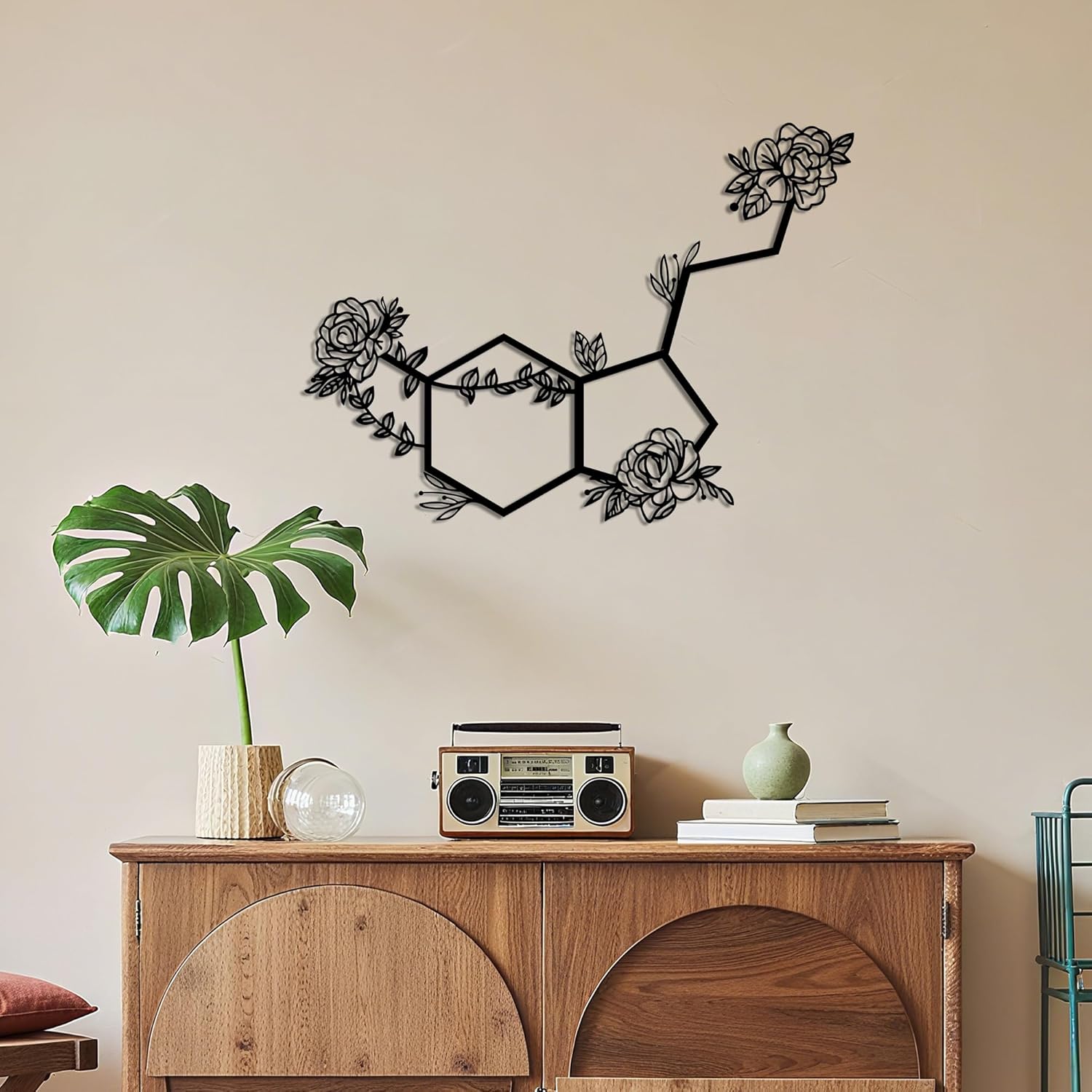 Slickss Flowered Serotonin Molecule Symbol of Happiness Wall Decor- Connectable Hexagon Set with Pre-Drilled Holes for Living Room, Bedroom(31.4x22.8in,Black) (3-Piece Set to Combine as One)