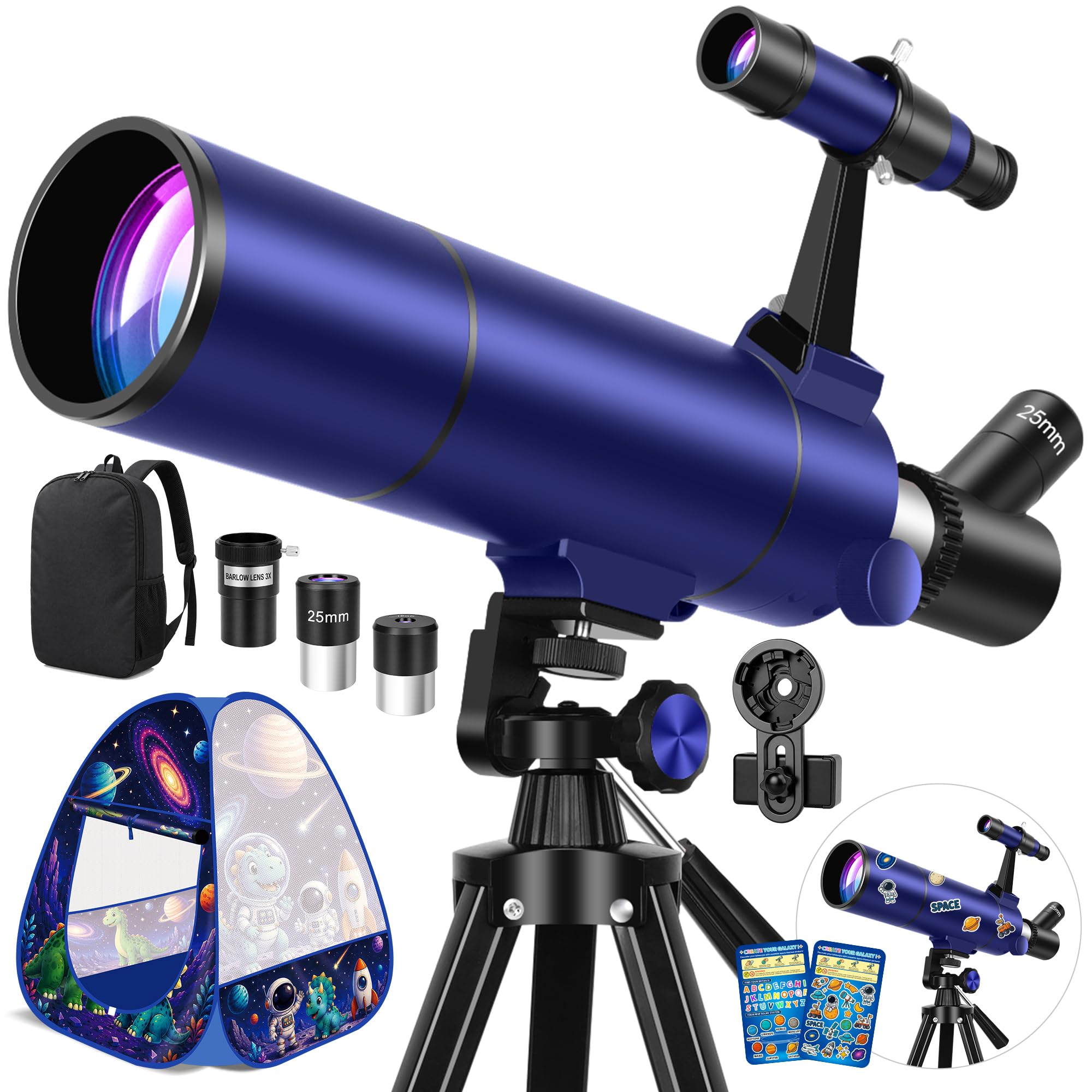 MEEZAA Télescope Astronomique pour Adultes Enfants et Débutants, 80mm Ouverture 500mm Portable Télescope Réfracteur 20X–150X avec Tente Pop-Up, Trépied, Adaptateur Smartphone, Sac à Dos & Autocollants
