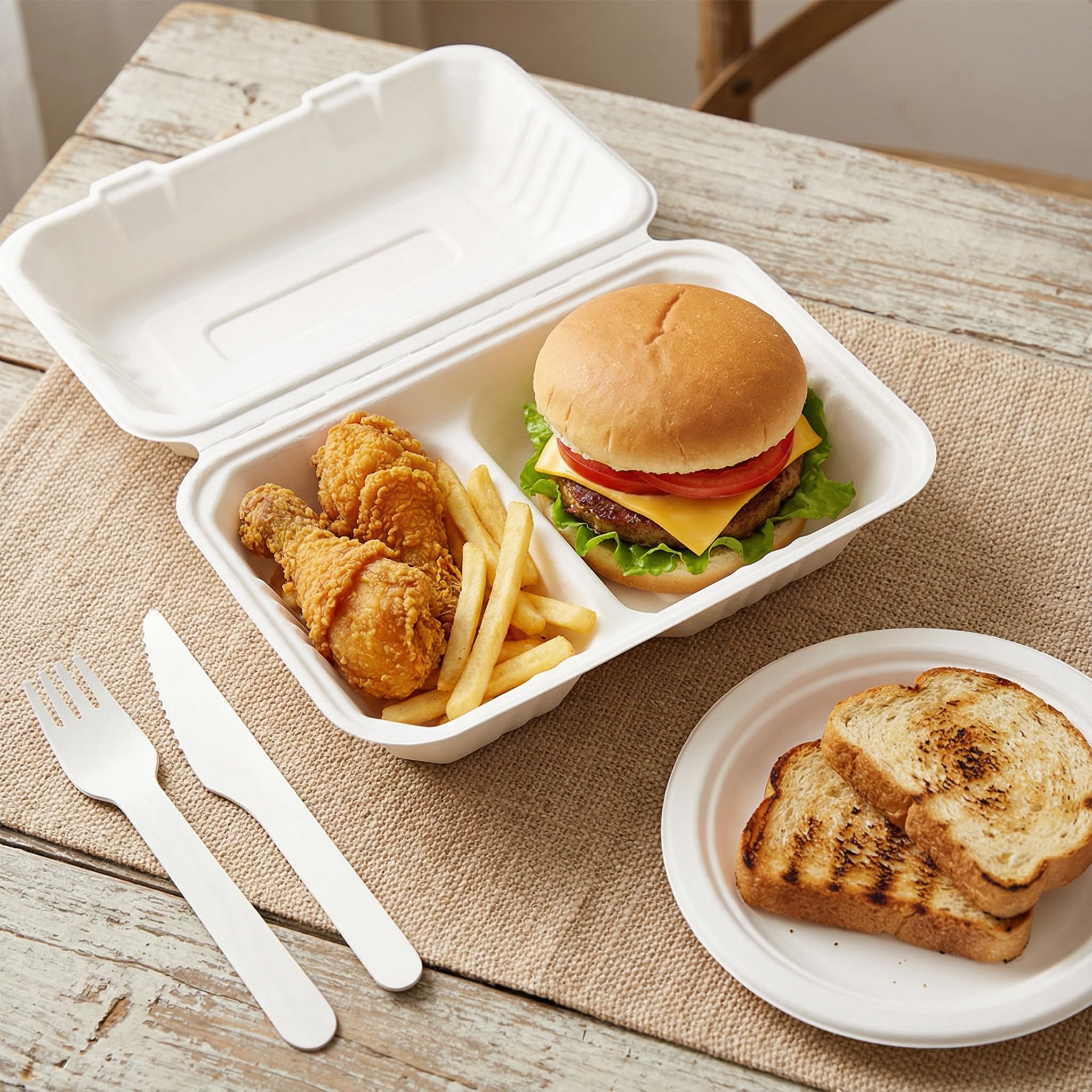 Elsjoy 90 Stück Clamshell Take Out Container, 2 Menübox Einweg 2-geteilt rechteckiger,Weiße lunchboxen mit klappdeckel ideal,Einweg To Go Boxen Zuckerrohr Verpackungen