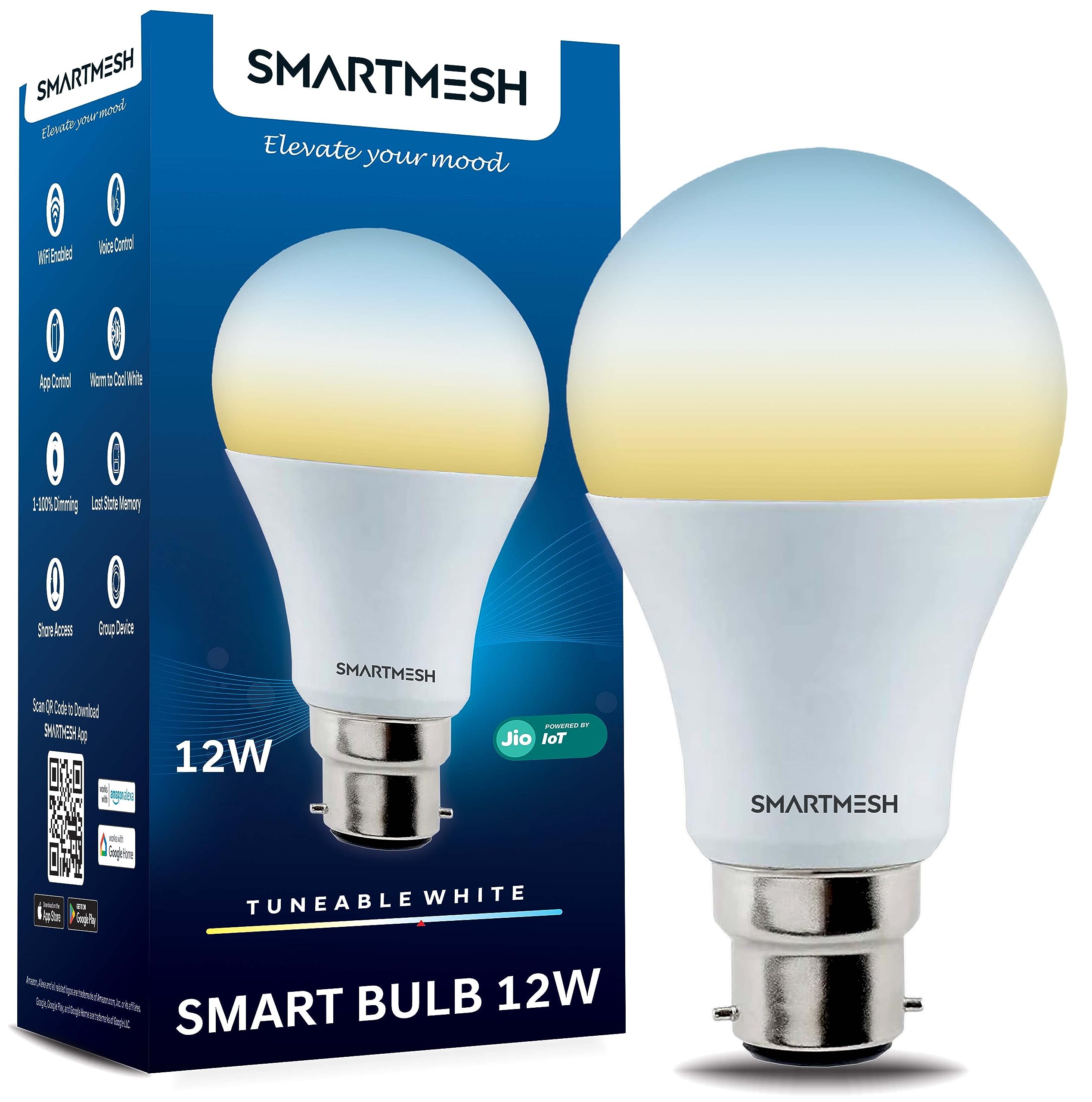 SmartMesh Wifi Cct Smart Bulb Powered By Jio Iot| 12 Watt,| Tuneable White, Shades Of White From Warm To Cool White | Compatible With Amazon Alexa And Google Assistant (Pack Of 1) - B22D, Led