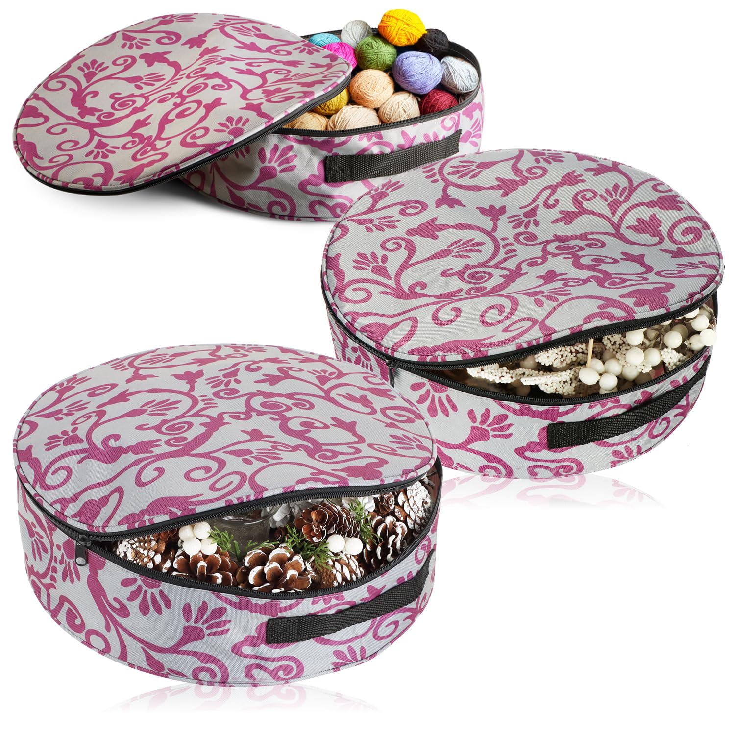 COM-FOUR® 3x storage bag for wreaths, garlands, sewing and toys - large round fabric box with carrying handle for Christmas, Easter, Advent decoration with zipper (3 pieces - grey + purple)