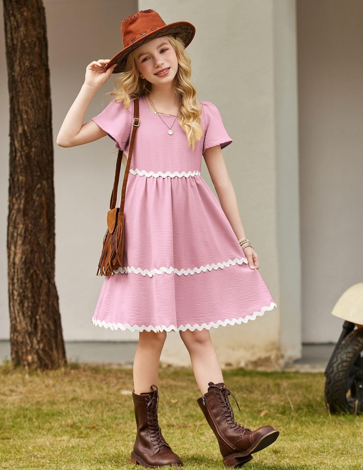 Arshiner Girls Summer Dress Flutter RIC Rac Tiered Short Sleeve Square Neck Casual Midi Dresses with Pockets - Image 5