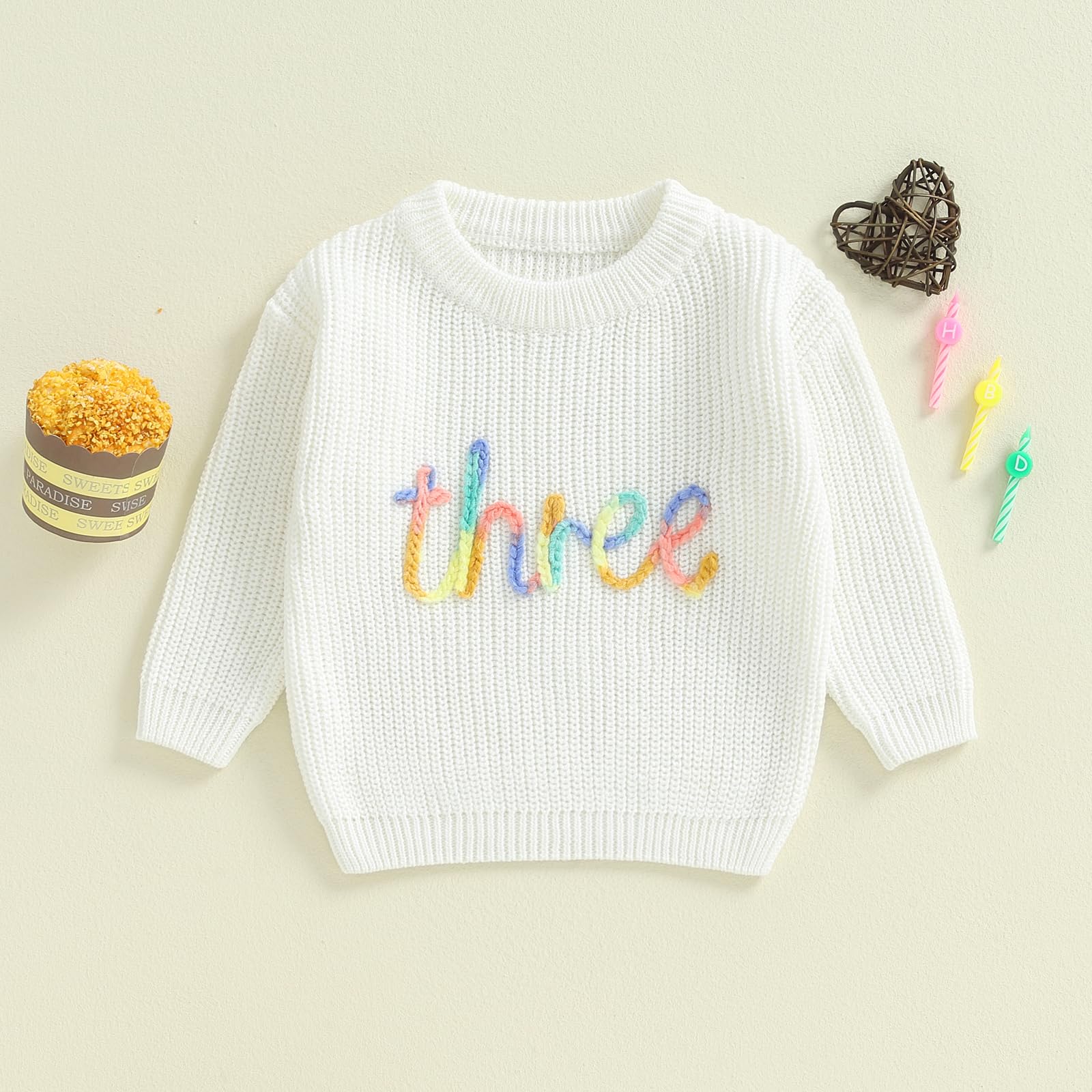 Toddler Baby Girl Birthday Sweater Long Sleeveless Letter Embroidery Pullover Knitted Tops Fall Winter Clothes (C-White, 3T)