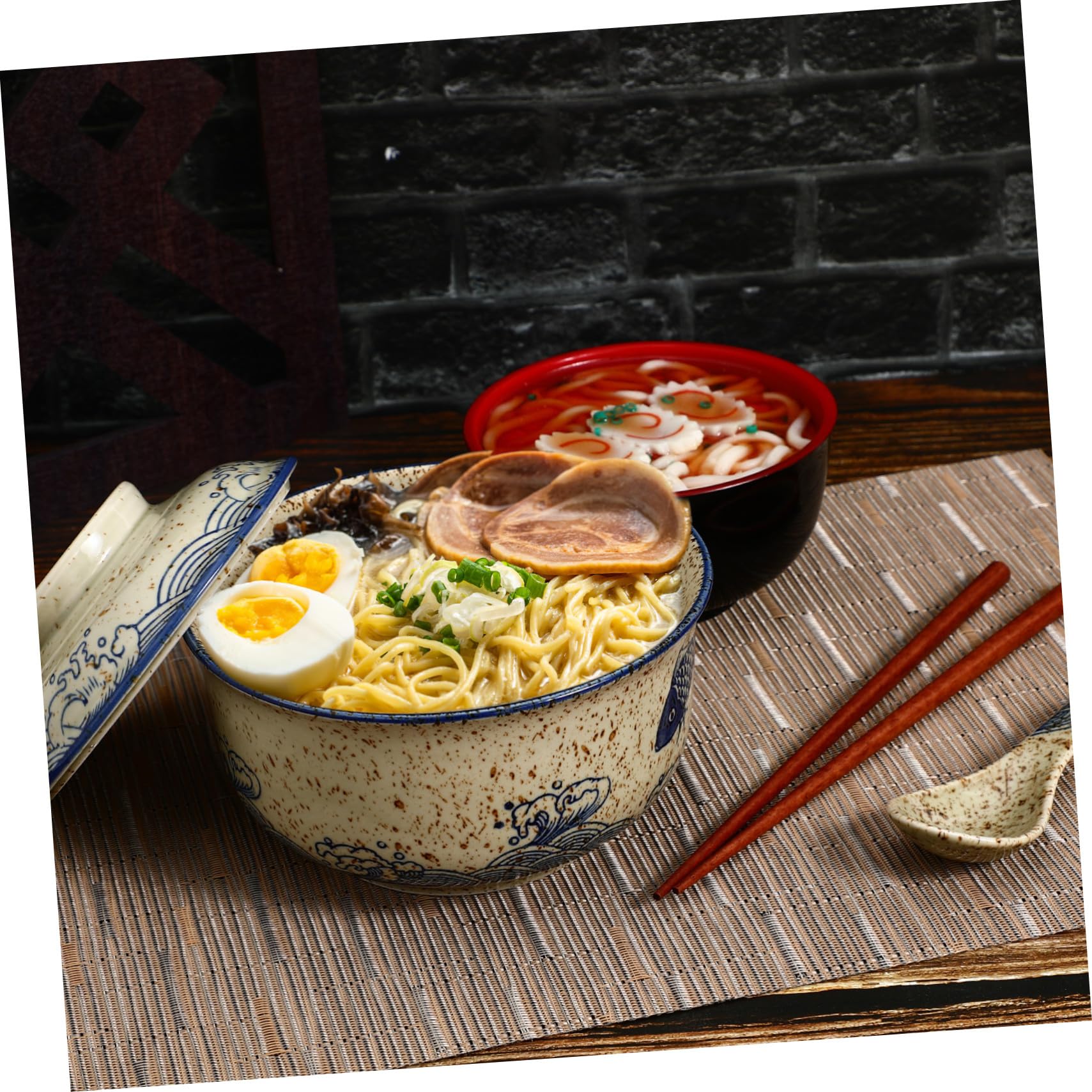 Hohopeti Keramik Ramen Nudel Schüssel Set mit Deckel Essstäbchen und Löffel Suppenschale für Instant Nudelgerichte Langlebig Hitzebeständig und Platzsparend