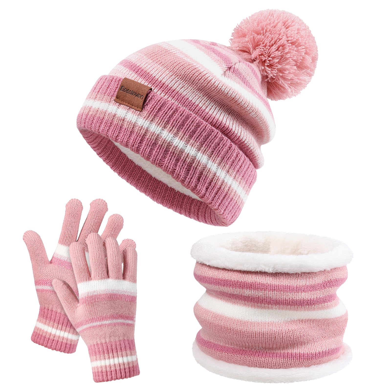 Kids Winter Hat Gloves Scarf Set: Girls Boys Beanie Hats Gloves Knit Set with Thick Warm Fleece Lined For Ages 6-10 Children