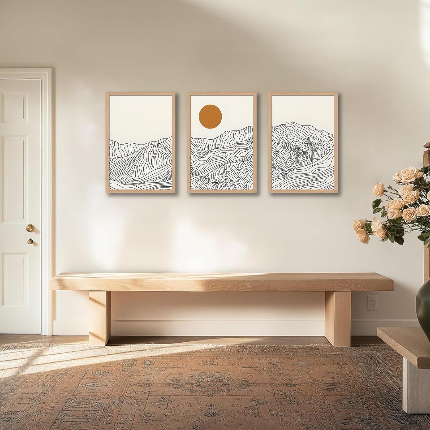 soonkiss Abstract Boho Sun Wave Line Mountain Landscape Wall Art Set of 3, Minimalist Beige Geometric Line Drawing Triptych with Light Wooden Frame for Living Room Bedroom 12x16 Inches