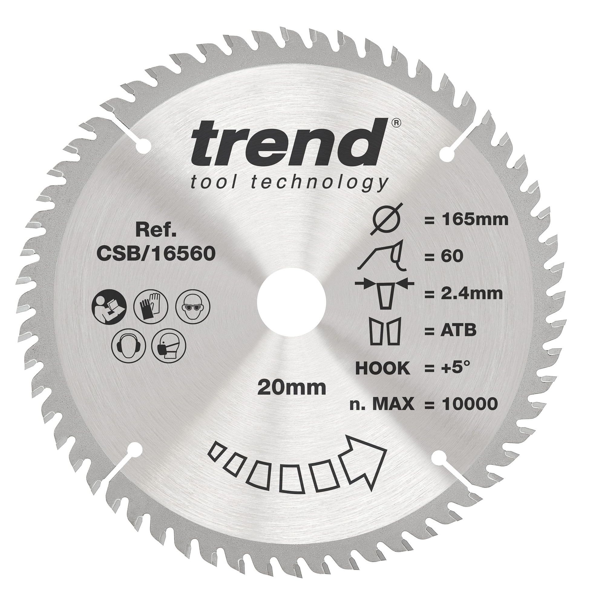 TrendWood Circular Saw Blade, 165mm Diameter, 20mm Bore, 60 Teeth, 2.4mm Kerf, +5° Hook, TCT, Extra-Fine Finish, CSB/16560