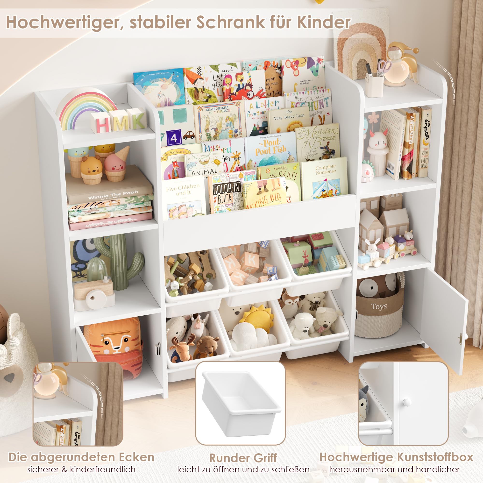 FOREHILL Kinderregal mit Kinderbücherregal Kinderzimmer Möbel aus Holz Bücherregal für Kinder mit Aufbewahrungsbox Kinderschrank mit Spielzeugkiste Kinderregal mit 6 Boxen 119 x 29,5 x 94 cm weiß