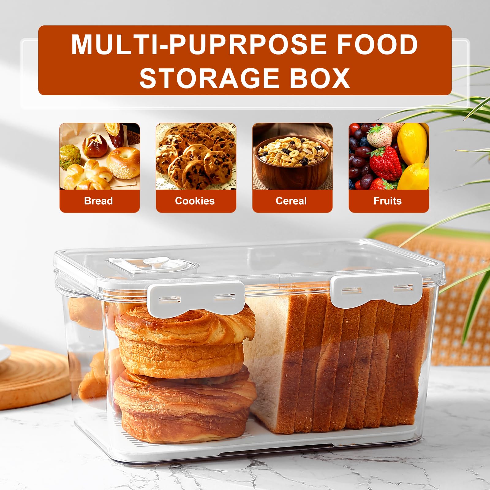Brotbox für Küchenarbeitsplatte, luftdichter Brotaufbewahrungsbehälter, Zeitaufzeichnung, Brothalter mit Deckel, Brothalter für hausgemachtes Brot, Toast, Bagel, Donut und Kekse, Weiß, 2 Stück