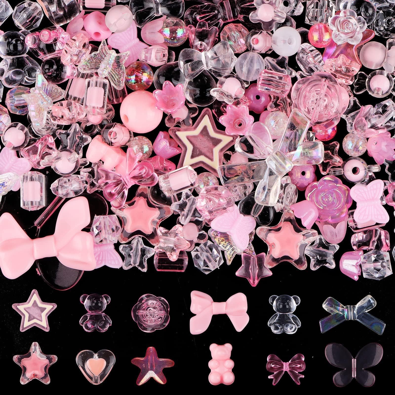 Kalolary 150PCS Acrylic Pastel Beads for Jewelry Making, Colorful Bow Butterfly Flower Beads Kawaii Plastic Candy Heart Beads Cute Macaroon Aesthetic Beads for Bracelet Necklace DIY Supplies (Pink)