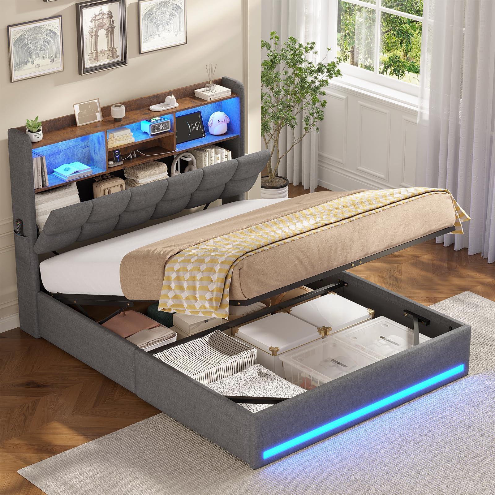 AOGLLATI Ottoman Double Bed Frame with Hydraulic Storage & Led Lights