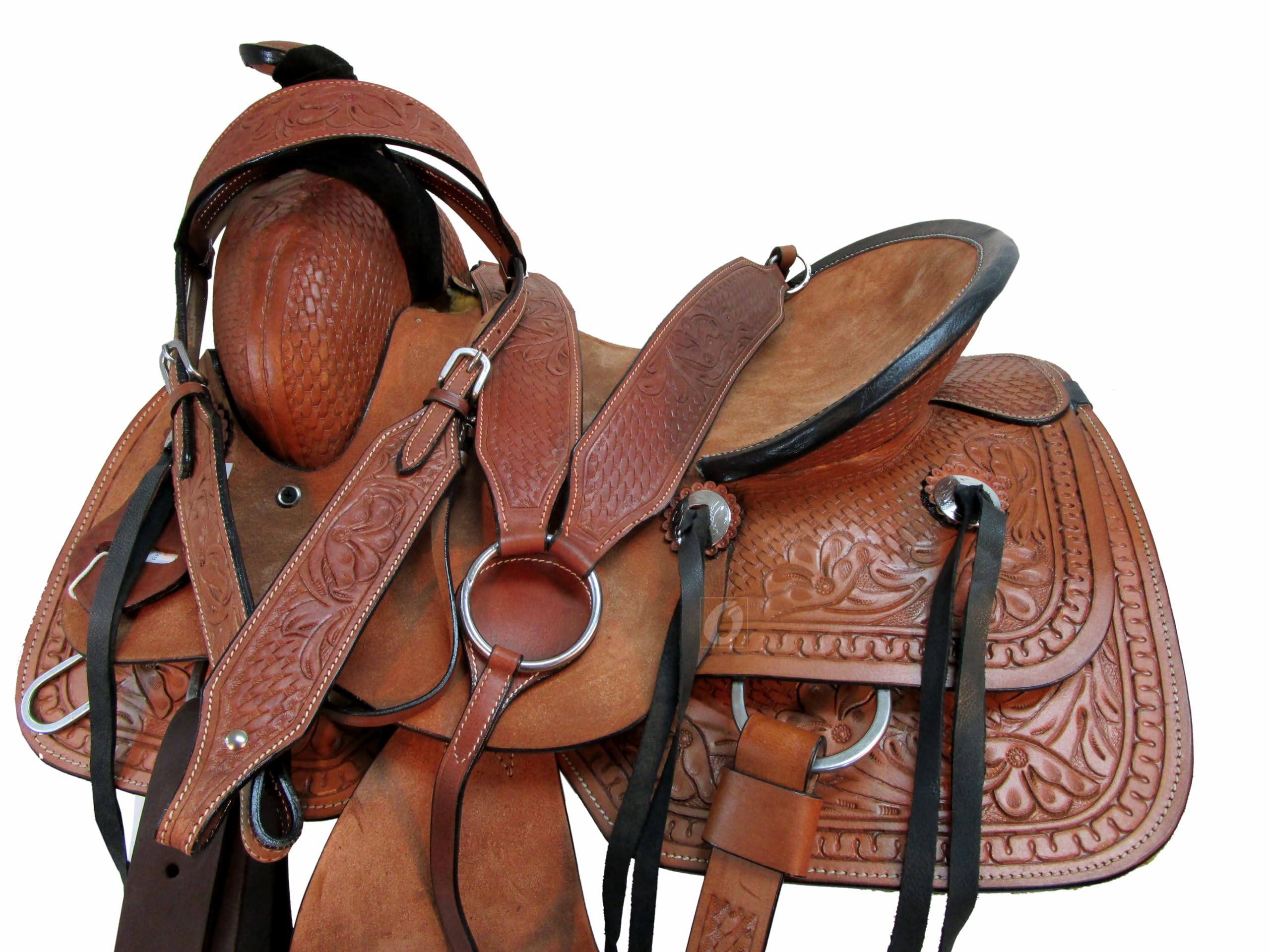 Western Saddle Pleasure Trail Ranch Barrel Racing Horse Ride Tooled Leather Cowboy Rodeo Hard SEAT Saddles 15 16 17 18 FQHB (16 Inch, Basket Snake Tooled)