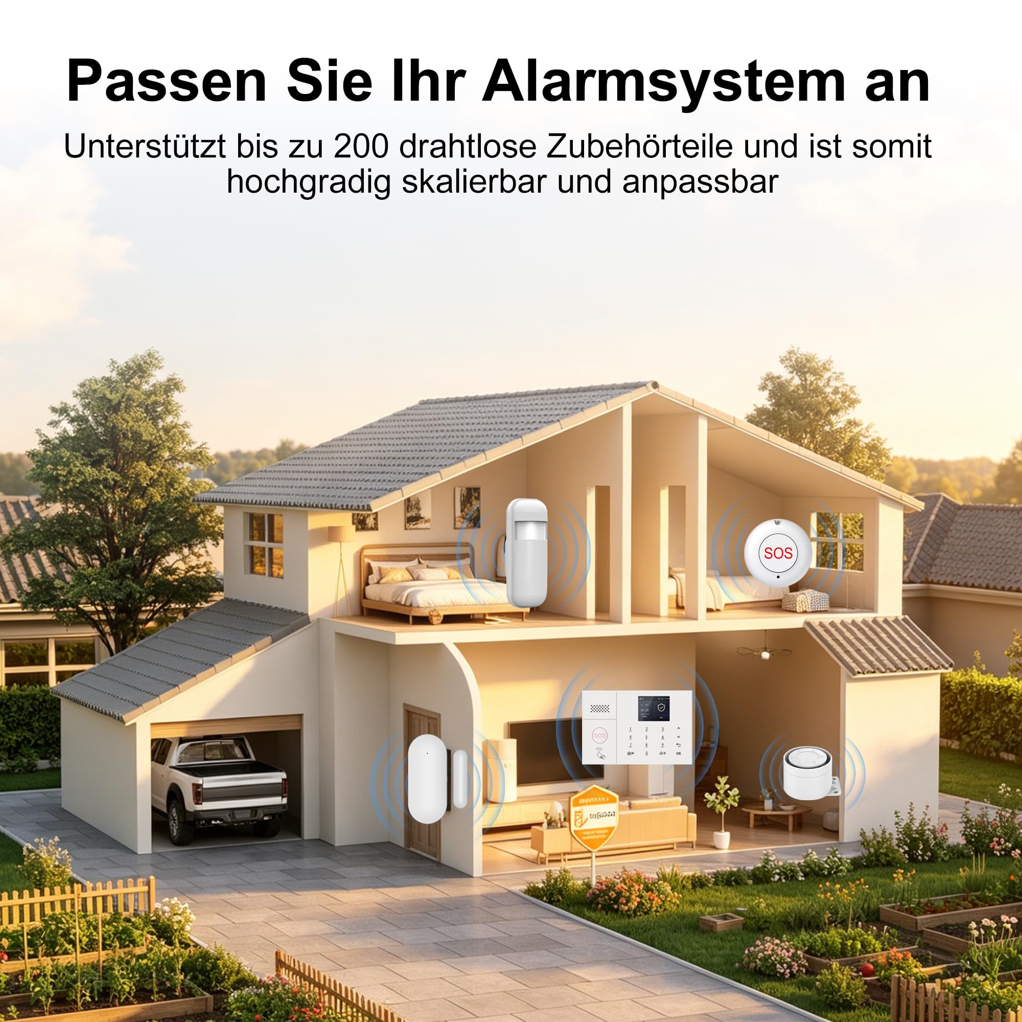 Alarmanlage Haus WLAN, Touchscreen, App-Steuerung– 13-teiliges Sicherheitssystem für Haus, Alarmsystem für zuhause mit Bewegungsmelder, Tür sensoren, Fernbedienungen, Alarmsirene