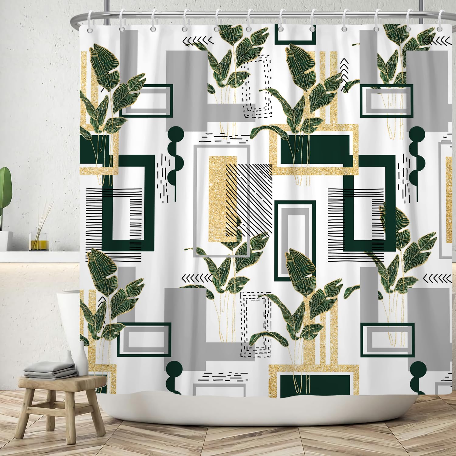 ASDCXZ Geometry Shower Curtain 240x180 cm, Modern Dark Green Gold Irregular Geometry Tropical Leaves Bath Washable Shower Curtains Polyester Textile Waterproof Bath Curtain for Bathtub with 12 Hooks โ image 1