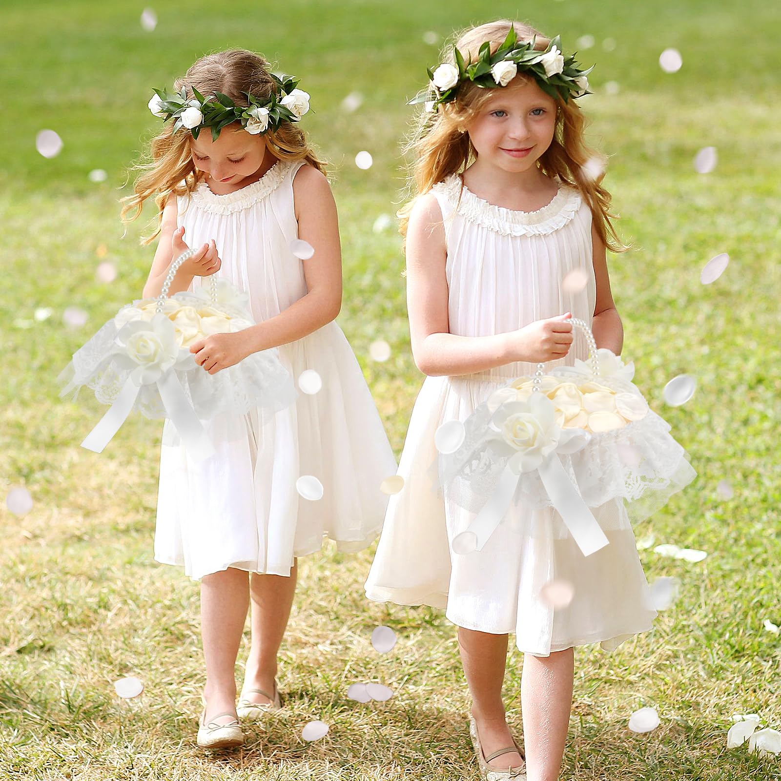 Hochzeitskorb für Blumenmädchen, 2er-Set, Spitzen-Perlen-Hochzeitskorb – mit 400 künstlichen Seidenblüten für romantische Nacht, Brautparty, Dekoration (Blume)