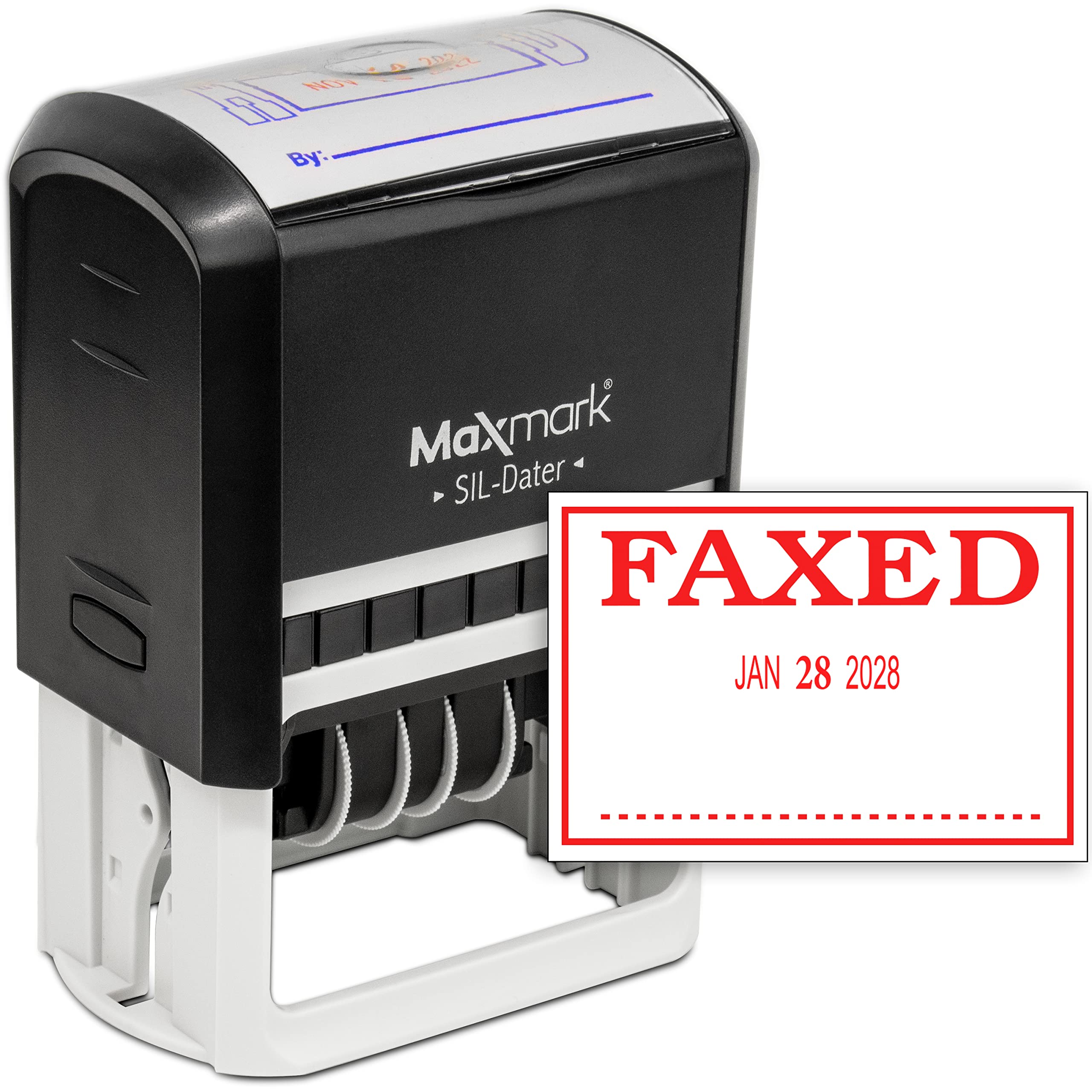 MaxMark Large Self-Inking Rubber Date Office Stamp with Faxed Phrase & Date - Red Ink, 12-Year Band - Style 3