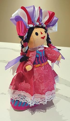 Miniatura 2 de ALKIMIA INC Muñeca de trapo Maria mexicana hecha a mano con vestido elegante, 7 pulgadas (rosa)