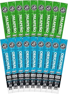 Beef Jerky Sticks - Grass Fed Individually Wrapped, Beef Sticks Bulk, Protein Snack Packs, Gluten Free, Paleo, Keto, Sugar Free, Original, Jalapeno - 1 Oz (Pack of 18)