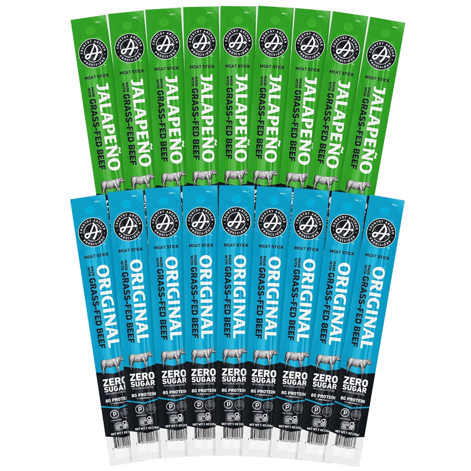 Country Archer Beef Jerky Sticks - Grass Fed Individually Wrapped, Beef Sticks Bulk, Protein Snack Packs, Gluten Free, Paleo, Keto, Sugar Free, Original, Jalapeno - 1 Oz (Pack of 18)