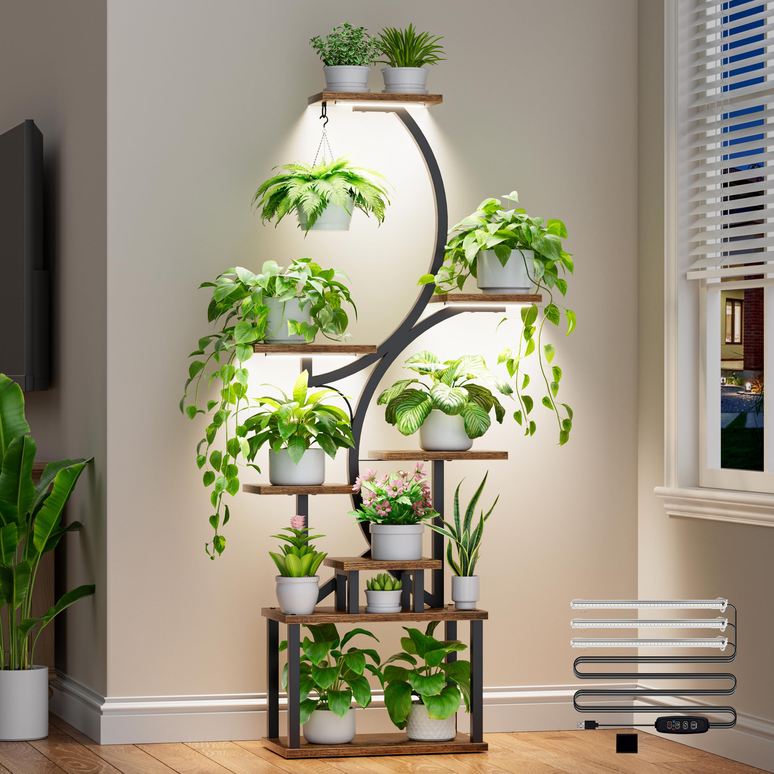 Plant Stand Indoor with Grow Lights - 62" Tall Plant Shelf, Lighted Corner Plant Stands for Indoor Growing, 8 Tiered Large Flower Holder, S-Shaped Decorative Rack for Living Room, Patent Design, Brown