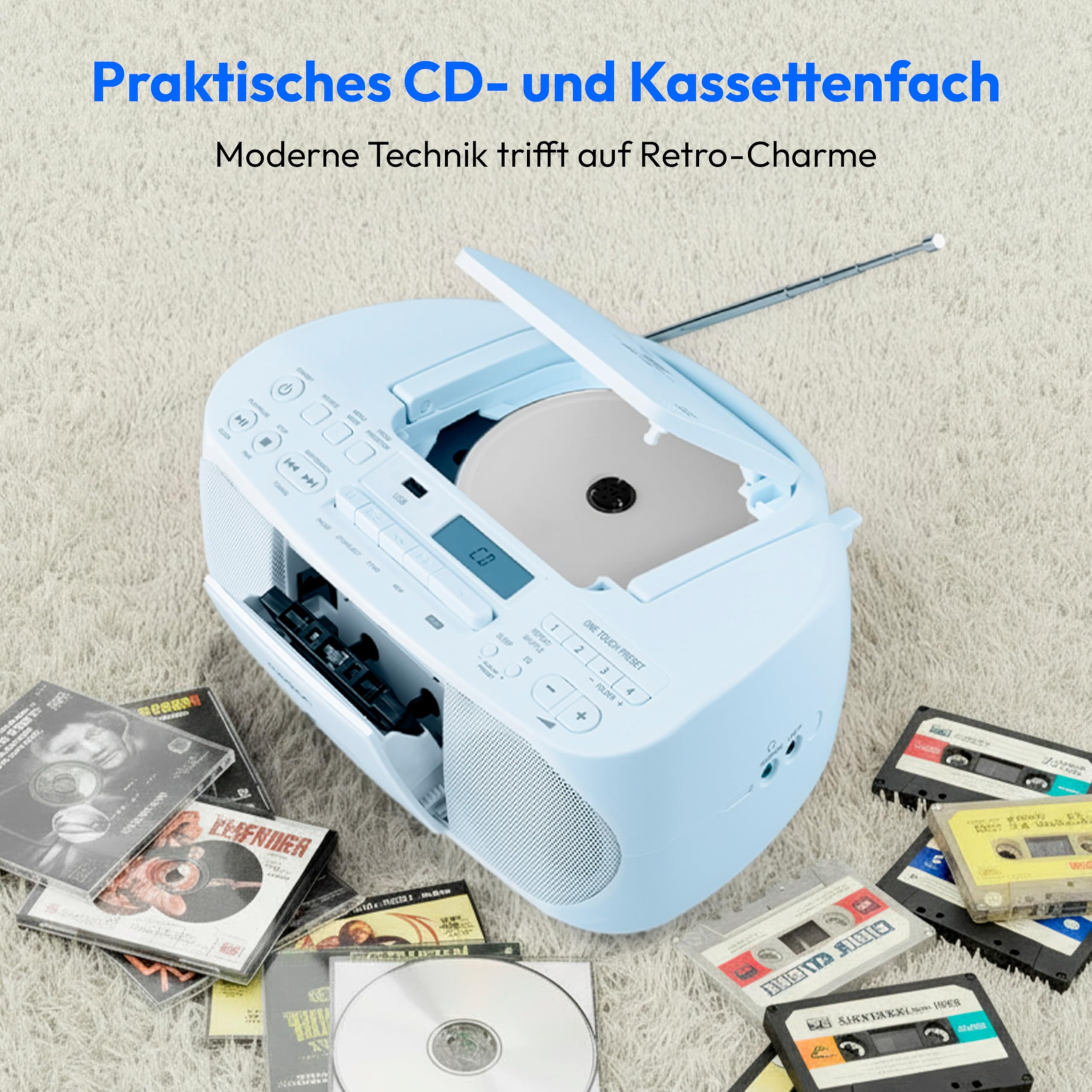 MEDION DRX-1 Plus Boombox (przenośne radio DAB+ FM, Bluetooth, odtwarzacz CD, MP3, kaseta, gniazdo słuchawkowe, system dźwięku stereo, AUX, sieć i bateria) niebieski