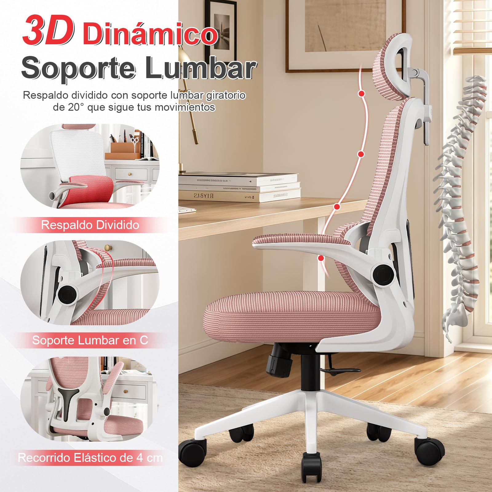 Silla Ergonómica de Oficina con Soporte Lumbar Adaptativo, Reposacabezas Ajustable y Reposabrazos Abatibles, Silla de Malla Reclinable para Oficina en Casa, Estudio y Gaming, Rosa