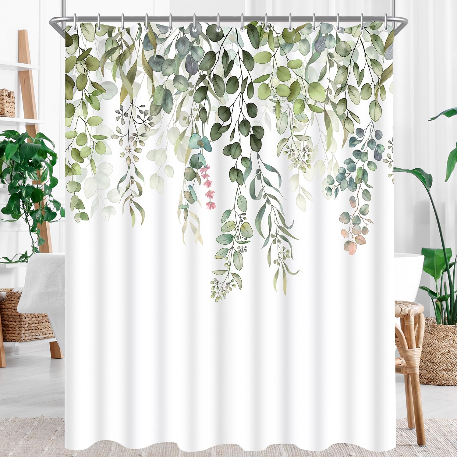 Lerores Cortina de ducha de 100x200 cm, diseño de hojas verdes, dobladillo con peso, tela antimoho, impermeable, lavable, cortinas de baño con ojales y 8 anillos de cortina de ducha para baño, bañera