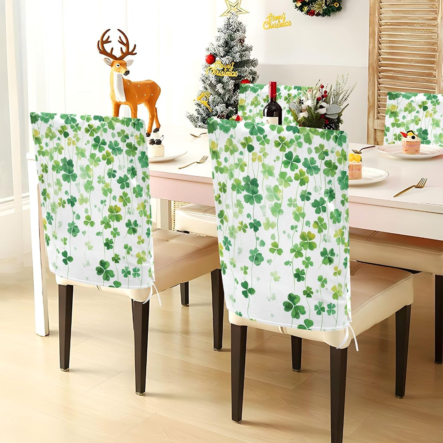 ALAZA Cute Clovers Shamrocks Chair Back Cover Set of 6, Washable Reusable Removable Chair Slipcovers Decorative Chair Cover for Home Kitchen Wedding Party