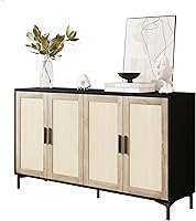 JASIWAY 48" Rattan Buffet Sideboard Cabinet with Adjustable Shelves, Storage Doors - Modern Black Console for Kitchen, Living Room