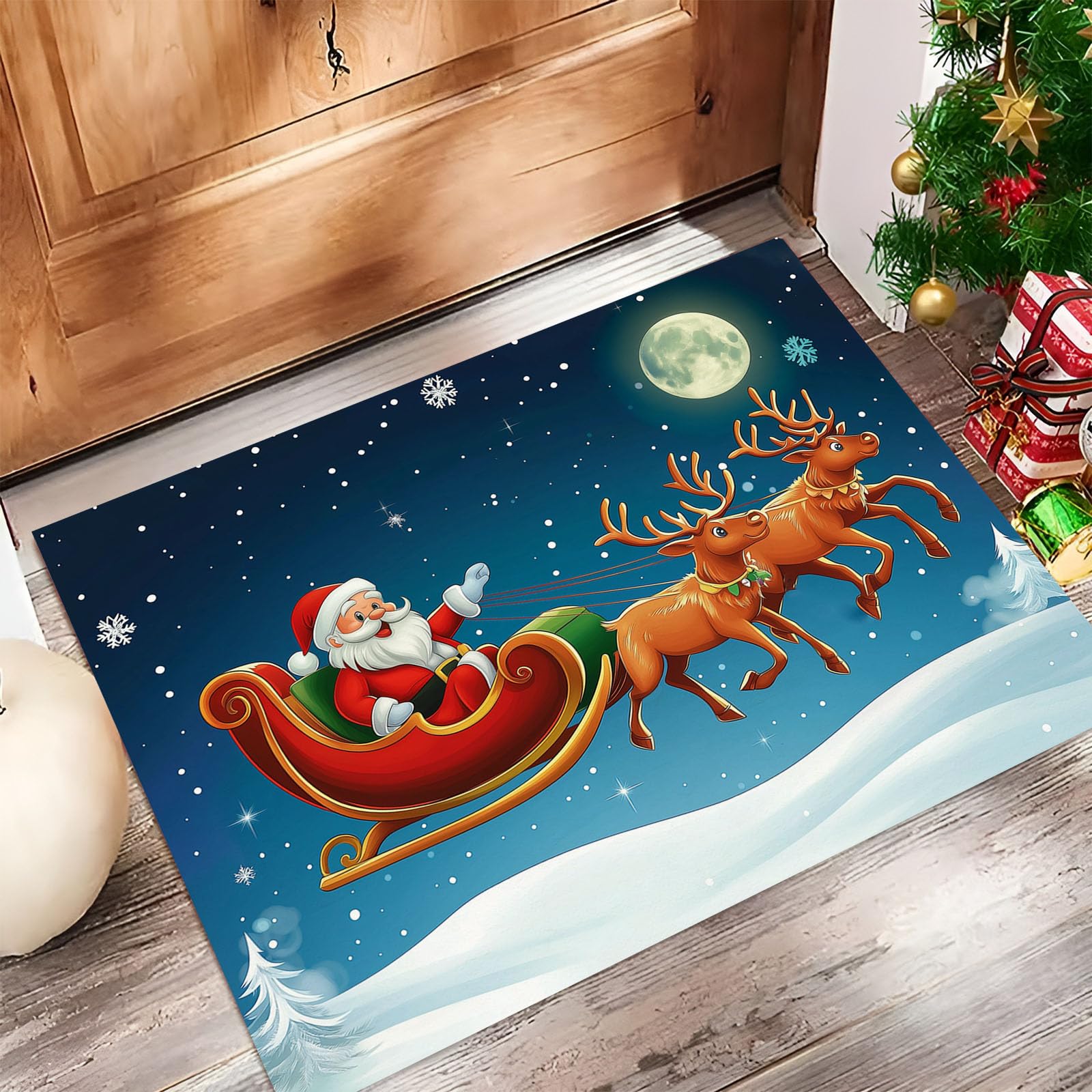 Tapis d'entrée Noël 45x75 cm bleu foncé antidérapant avec motifs de rennes