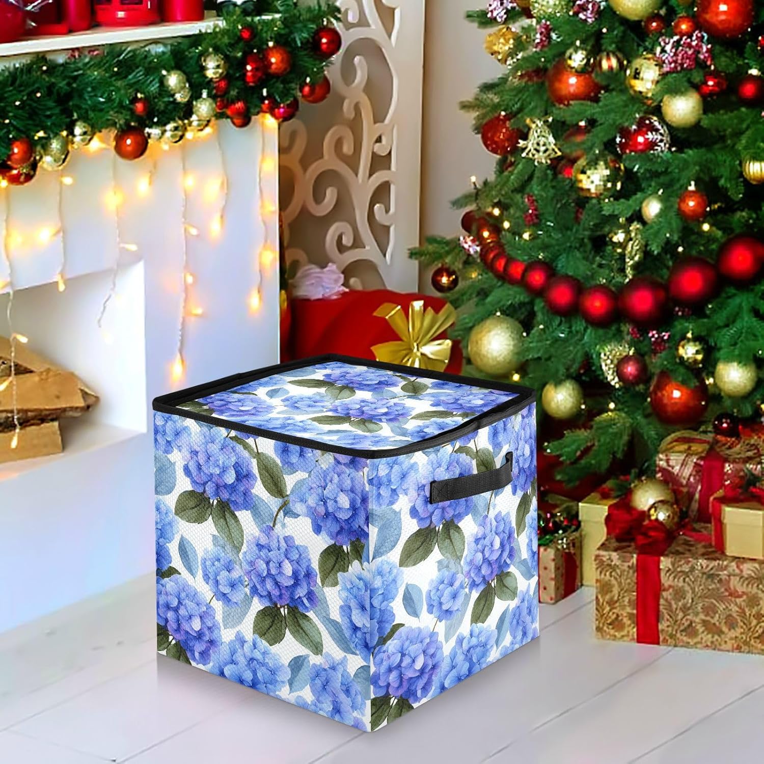 OTVEE Christmas Ornament Storage Box Holiday Decoration Organizer Stores upto 64 Holiday Ornaments Adjustable Dividers Tear-Proof Fabric Blue Hydrangea Floral Decor