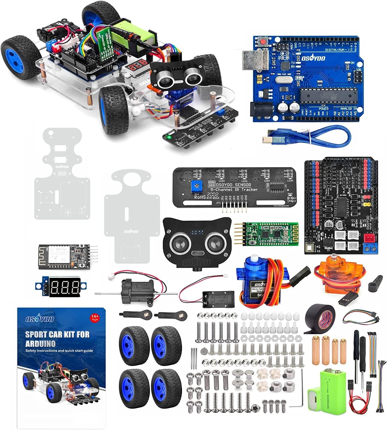 OSOYOO Robot Rc Smart Car DIY Kit for Arduino to Build for Adults, Teens with Servo Power Steering Motor, Wifi, Bluetooth, Code Programmable Compatible with Arduino UNO