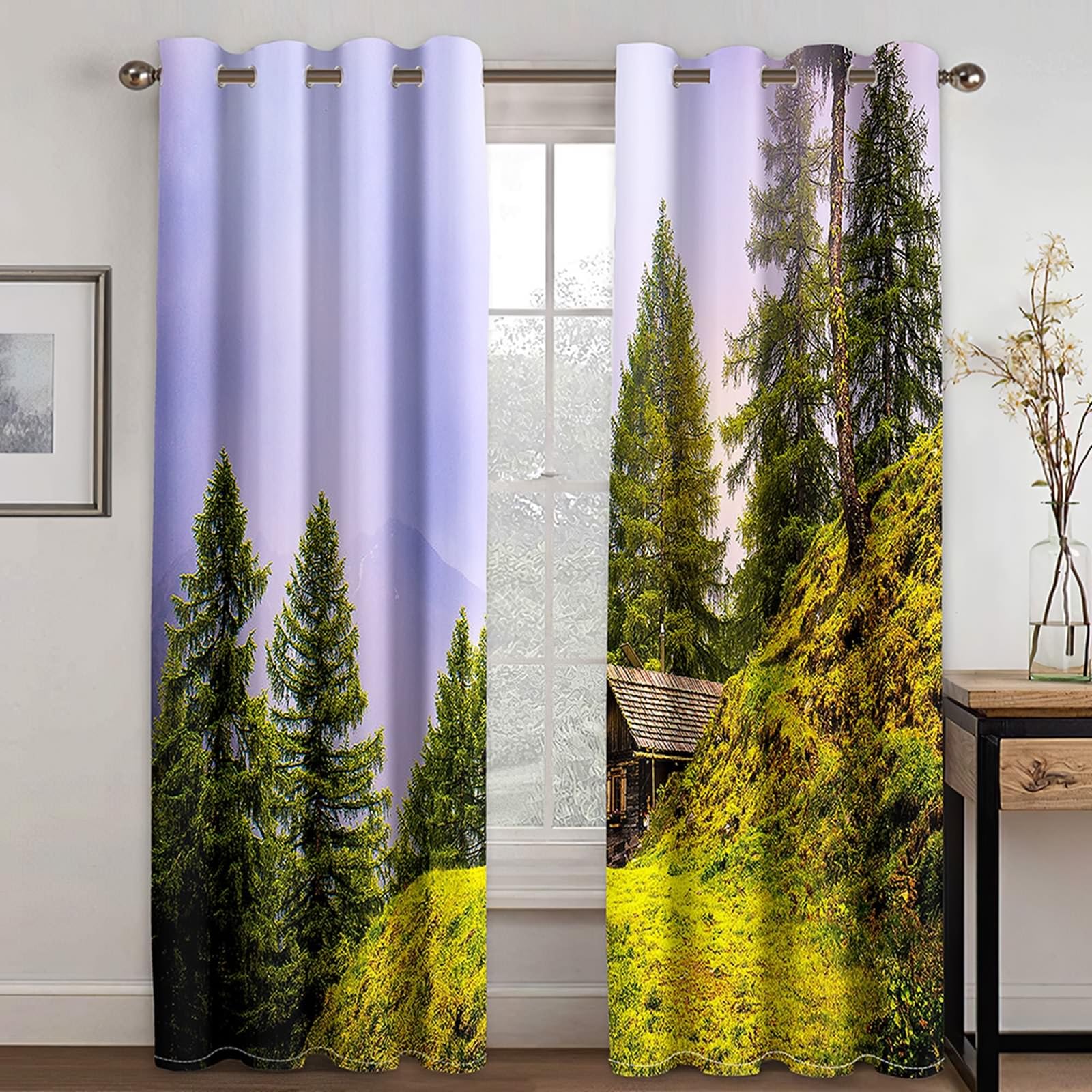 Gardinen Blickdicht 214 cm Lang, Verdunkelnde Vorhänge mit Ösen 2er Set Grün Lila Berg Blockhütte und Bäume Landschaft Vorhang für Wohnzimmer Schlafzimmer Kinderzimmer, 86x214 cm(BxH)