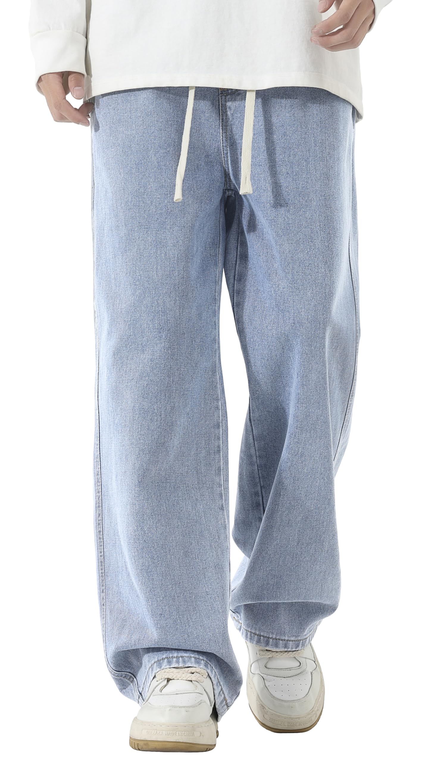 Men's Jeans, Wide Denim Pants, Long Pants, Wide Denim, Loose Fit, Bottoms, Large Size, Solid, Adjustable Drawstring, Casual, Simple, Stylish, All Season