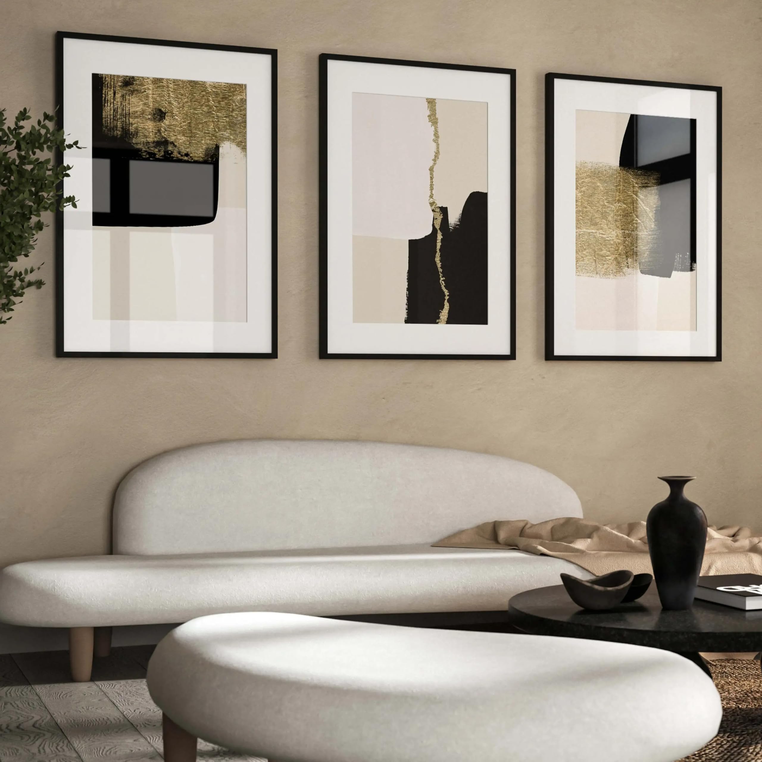 SDVIB Stampe artistiche da parete in nero e oro, arte astratta in nero e beige, arte minimalista da parete, decorazione per soggiorno (50x70 cm/3 pezzi senza cornice)