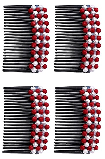 CartKing Plastic Hair Comb slide Clip Hairpin Side Combs Pin for Women and Girls - 4 Unit, Red & Pearl